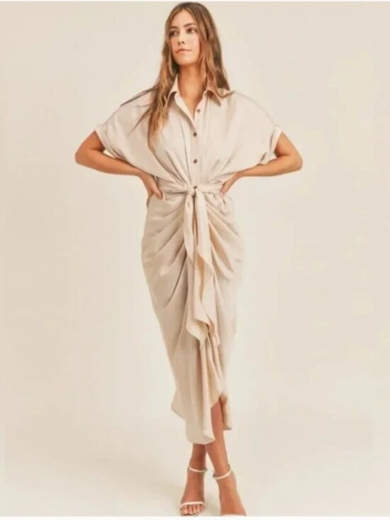 Mable Dresses & Skirts - Mabel Gwen Cream Satin Tie-Front Long Sleeve Midi Shirt Dress, Size M